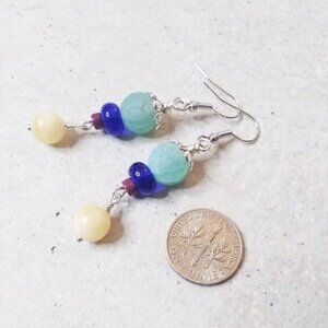 One-of-a-kind! Agate Citrine + Jasper Dangle Earrings! Vibrant Summer Colors!